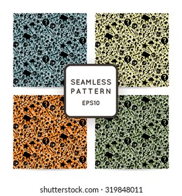 Set of vector seamless patterns with bones, skulls and stars. Emo-style.