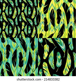 Set of vector seamless patterns. Bright abstract feathers. Carnival, celebration, fun