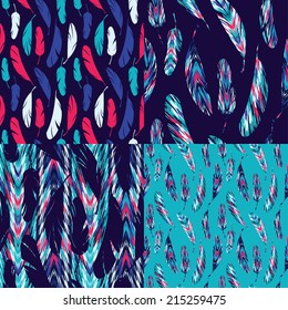 Set of vector seamless patterns. Bright abstract feathers. Carnival, celebration, fun