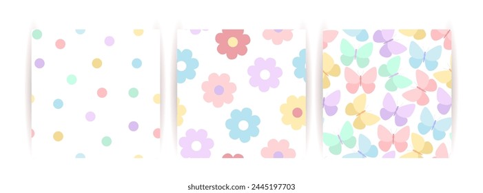 Set of vector seamless patterns of butterflies, flowers, and dots on a white background.