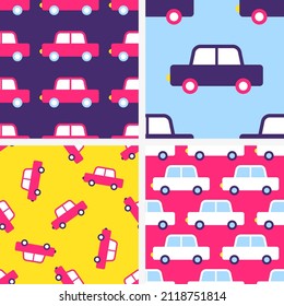 Set of vector seamless patterns with cars. Bright children's designs for paper or textiles. 