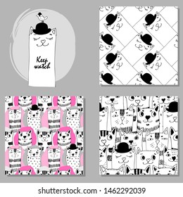 Set of vector seamless patterns with cats, bird and hand drawn illustration of pretty white cats. Print on T-shirts, bags  and and other fashion products. Design children's clothing and accessories. 