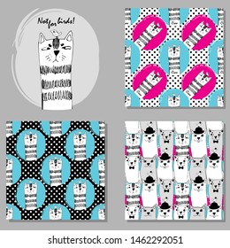 Set of vector seamless patterns with cats, bird and hand drawn illustration of pretty white cats. Print on T-shirts, bags  and and other fashion products. Design children's clothing and accessories. 