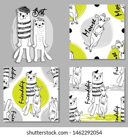 Set of vector seamless patterns with cats, rats,bird and hand drawn illustration of pretty white cats. Print on T-shirts, bags  and other fashion products. Design children's clothing and accessories. 