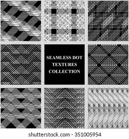 Set of vector seamless patterns with checkered dot texture. Stylish monochrome modern design.