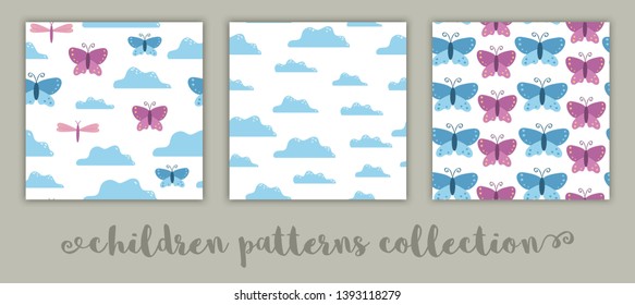 Set of vector seamless patterns for children. Flat cartoon background with butterflies, clouds, dragonflies. Cute blue and pink illustration.
