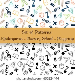 Set of vector seamless patterns for children. Endless background for schools, nursery, kindergarten, playgroup