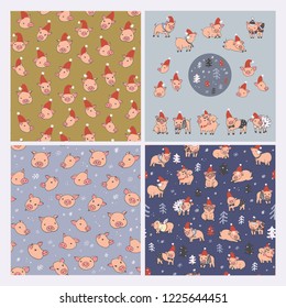 set of vector seamless patterns with christmas pigs animals, new year illustration.