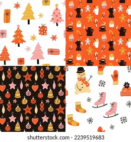 Set of vector seamless patterns for christmas holidays and new year. Fir trees and christmas presents, toys and sweets, snowman, snow skates and mittens with socks.