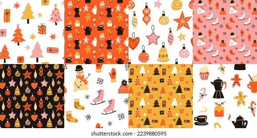 Set of vector seamless patterns for christmas holidays and new year. Fir trees and christmas presents, toys and sweets, snowman, snow skates and mittens with socks.