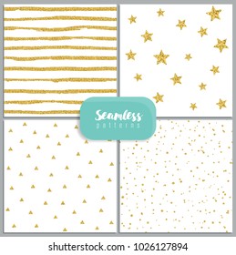 Set of vector seamless patterns with circles, stripes, stars, triangles, made of gold glitter on white background.