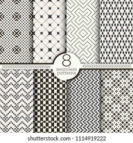 Set of vector seamless patterns. Classical geometric textures. Regularly repeating geometrical wrapping surfaces with different shapes, rhombuses, crosses, zigzags, dots Trendy graphic design.