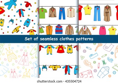 Set of vector seamless patterns with clothes. A collection of bright, beautiful, backgrounds with the image of women's, men's, children's clothing hanging on a clothesline.