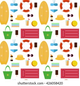 set of vector seamless patterns to create the background - beach accessories: towels, bag, rubber ring, suntan cream, orange juice, hat, sunglasses, ice cream, swimsuit, surfboard, sea, summer, beach