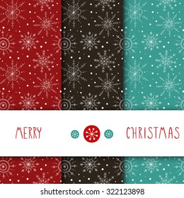 Set of vector seamless patterns. Creative Hand Drawn textures with snowflakes. For Christmas, party, invitations. Vector illustration. Red, brown and turquoise