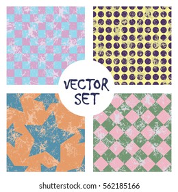 Set of vector seamless patterns  Creative geometric pastel backgrounds with squares, stars and circles. Texture with attrition, cracks and ambrosia. Old style vintage design. Graphic illustration