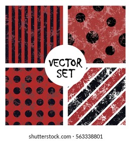 Set of vector seamless patterns  Creative geometric black and red backgrounds with stripes and circles. Texture with attrition, cracks and ambrosia. Old style vintage design. Graphic illustration.  