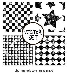 Set of vector seamless patterns Creative geometric black and white backgrounds with squares,stars,circles.Texture with attrition, cracks and ambrosia. Old style vintage design. Graphic illustration