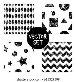 Set of vector seamless patterns Creative geometric black and white backgrounds with squares,stars,circles.Texture with attrition, cracks and ambrosia. Old style vintage design. Graphic illustration.
