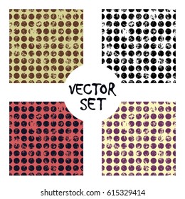 Set of vector seamless patterns Creative geometric black and white backgrounds with squares,stars,circles.Texture with attrition, cracks and ambrosia. Old style vintage design. Graphic illustration.