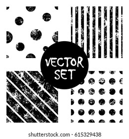 Set of vector seamless patterns Creative geometric black and white backgrounds with squares,stars,circles.Texture with attrition, cracks and ambrosia. Old style vintage design. Graphic illustration.