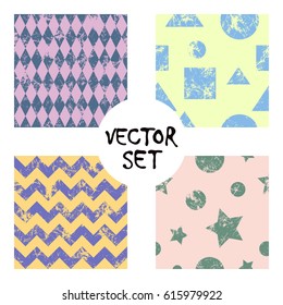 Set of vector seamless patterns Creative geometric black and white backgrounds with squares,stars,circles.Texture with attrition, cracks and ambrosia. Old style vintage design. Graphic illustration.