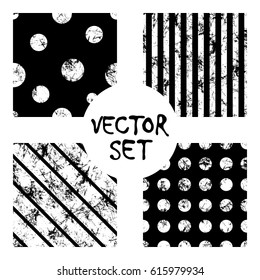 Set of vector seamless patterns Creative geometric black and white backgrounds with squares,stars,circles.Texture with attrition, cracks and ambrosia. Old style vintage design. Graphic illustration.