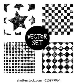 Set of vector seamless patterns Creative geometric black and white backgrounds with squares,stars,circles.Texture with attrition, cracks and ambrosia. Old style vintage design. Graphic illustration.