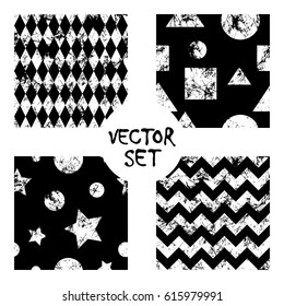 Set of vector seamless patterns Creative geometric black and white backgrounds with squares,stars,circles.Texture with attrition, cracks and ambrosia. Old style vintage design. Graphic illustration.
