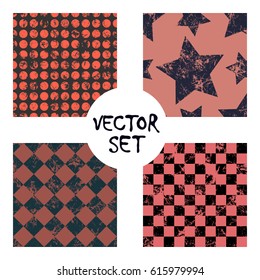 Set of vector seamless patterns Creative geometric black and white backgrounds with squares,stars,circles.Texture with attrition, cracks and ambrosia. Old style vintage design. Graphic illustration.