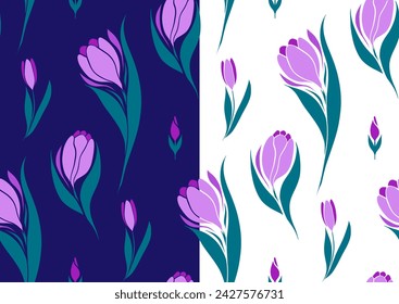 Set of vector seamless patterns with crocuses on violet and white background. Surface design with silhouette of spring flowers. Collection of flowery textures for fabric, wallpaper