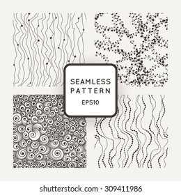 Set of vector seamless patterns: curves with beads, threads with hearts, curls in the style of the waves