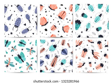 Set of vector seamless patterns with cute cartoon bug or beetle, flat and doodles, scandinavian style. Ideal for print, textile, fabric