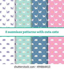 Set of vector seamless patterns with cute white cats, red flowers, stars and crowns.