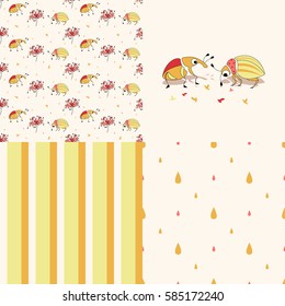 Set of vector seamless patterns with cute beetles for textile, wallpaper, packing, backgrounds.