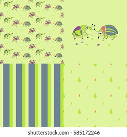 Set of vector seamless patterns with cute beetles for textile, wallpaper, packing, backgrounds.