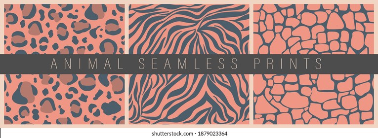 Set of vector seamless patterns of decorative animal prints. Abstract stripes and spots similar to the skin of a leopard, giraffe, tiger, crocodile. Flat hand drawn illustration for textile, paper.