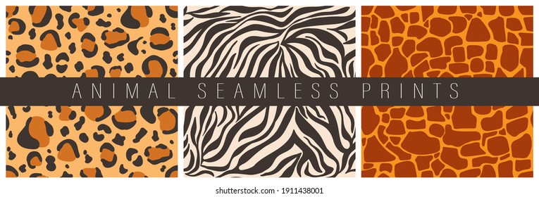 Set of vector seamless patterns of decorative animal prints. Abstract stripes and spots similar to the skin of a leopard, giraffe, tiger, crocodile. Flat hand drawn illustration for textile, paper.