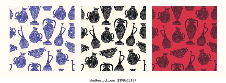 Set of vector seamless patterns with decorative ornamented vases in different colors. Patterns for the design of packaging, banners for antique stores and interior items. Scandinavian style.