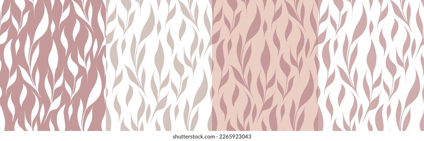 Set of vector seamless patterns with delicate branches and stems with foliage on various background. Collection of flat natural texture in pastel colors for fabrics, wallpapers and your creativity.