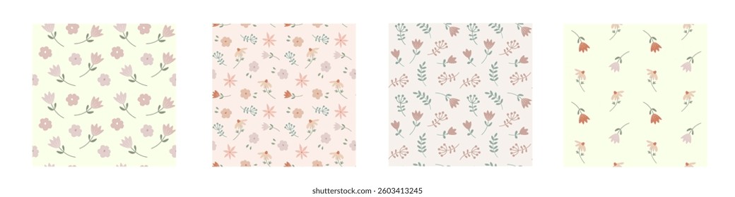 Set of vector seamless patterns with delicate flowers. Summer tender wallpapers collection. Repeat textures for textile or wrapping paper with tender plants. Botanical floral ornaments.