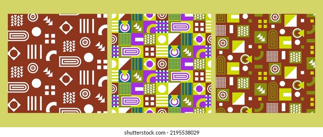 Conjunto de patrones vectoriales sin fisuras para diseño e impresión. Las texturas luminosas en estilo abstracto con elementos de formas geométricas para uso en negocios, marketing, moda, etc.