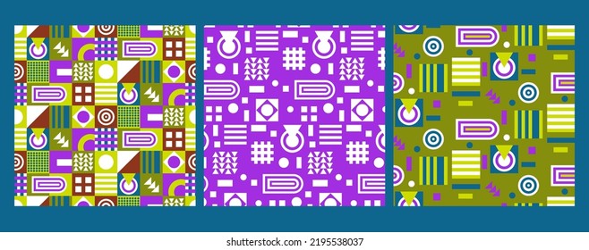 Set of vector seamless patterns for design and print. Bright textures in abstract style with elements of geometric shapes for use in business, marketing, fashion, etc.
