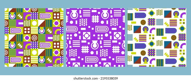 Set of vector seamless patterns for design and print. Bright textures in abstract style with elements of geometric shapes for use in business, marketing, fashion, etc.