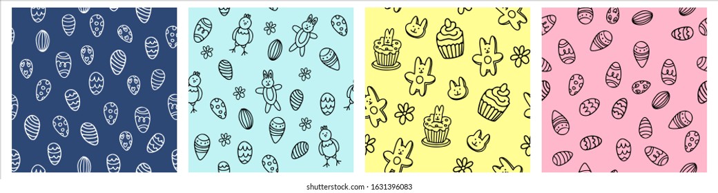 Set of vector seamless patterns with different easter treats such as eggs, biscuits, cakes. Great print for fabric, wrapping papers, wallpapers, covers. Doodle style in black ink, color backgrounds.