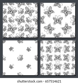 Set of vector seamless patterns of doodles butterflies. Hand-drawn outlined butterflies. Black and white boundless backgrounds.