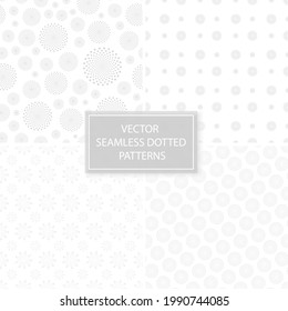 Set of vector seamless patterns with dotted shapes. White and grey decorative textures. Abstract endless backgrounds