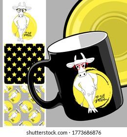 Set of vector seamless patterns with  dressed cow, cup and saucer. Print on T-shirts, cups and other fashion products. Design clothing and accessories. Tell me the moon.