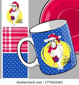 Set of vector seamless patterns with  dressed christmas cow santa claus, cup and saucer. Print on T-shirts, cups and other fashion products. Design clothing and accessories. Happy New Year.