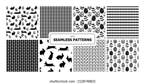 Set of vector seamless patterns. Eggs and rabbits hares. Ellipse shape pack of pstterns. Easter hunt decoration. Colorful group of Easter symbols. For promotion, printing.
